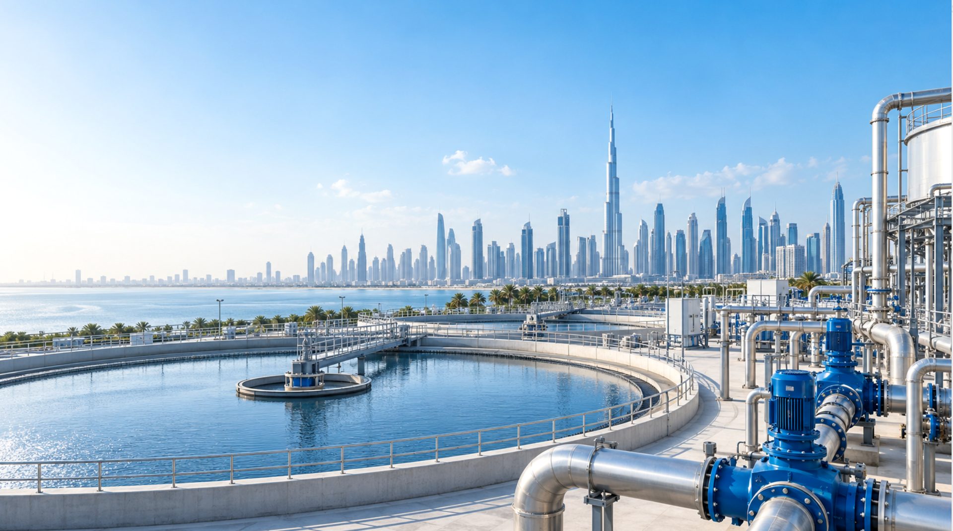 Water treatment plant with the Dubai skyline